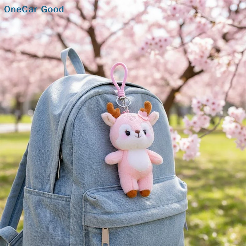 New Cute Cartoon Plush Cherry Blossom Deer Keychain Creative Flower Filling Doll Pendant Backpack Decoration Accessories Gift