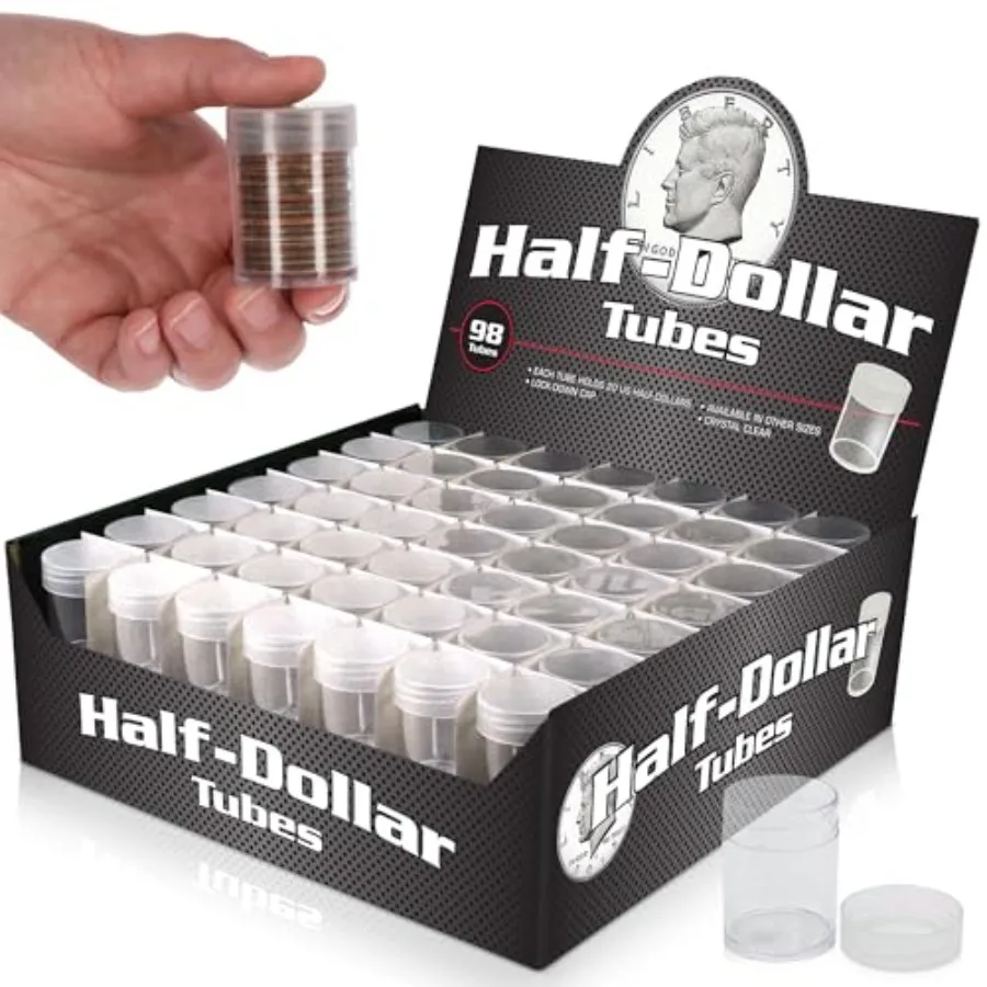 

Coin Tubes for Half Dollars - 98ct Holds "Kennedy" Half Dollar Durable Plastic Tube Coin Holders Coin Collecting Supplies Half