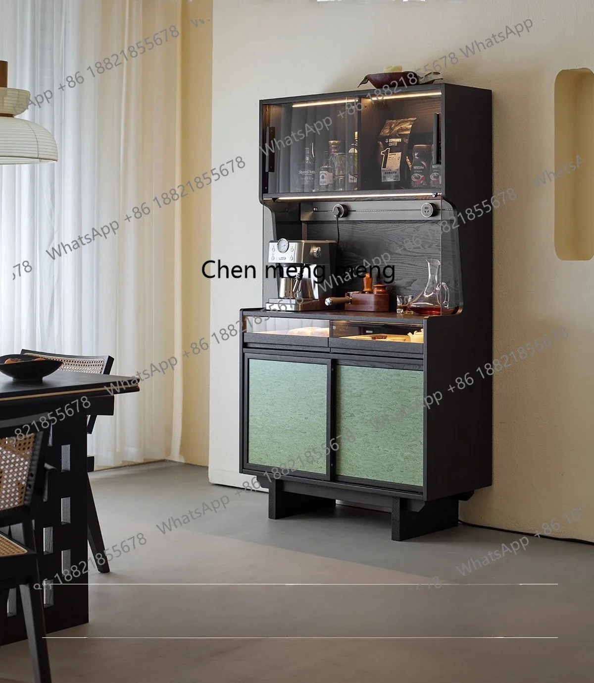 

Sandalwood Green Ridge Retro Sideboard Wall-Mounted Integrated Storage Cabinet Wine Cabinet Tea Cabinet Black Solid Wood Coffee