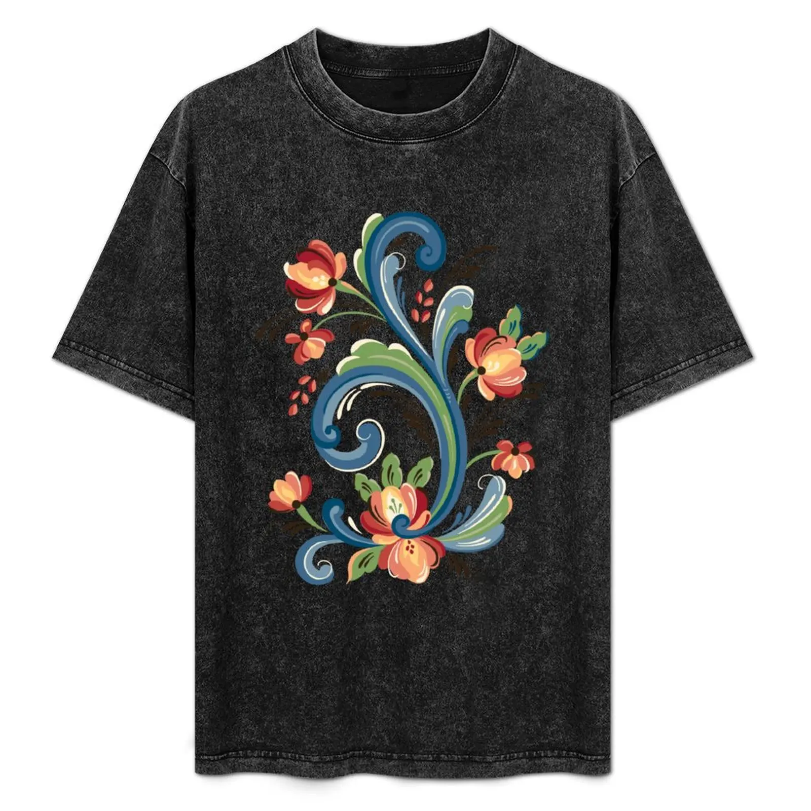 Rosemaling Blue and Red T-Shirt Durable Work Wear T-Shirt