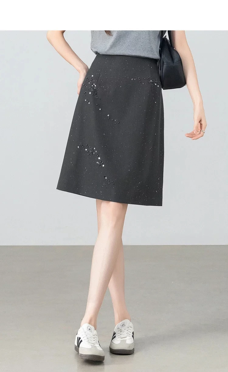 SENTUBILA Damen Schwarzer Gerader Rock 2026 Sommer Eleganter Modischer Perlenstickerei Silber Schimmernder Büro-Rock 162QF6640 – Detail 11