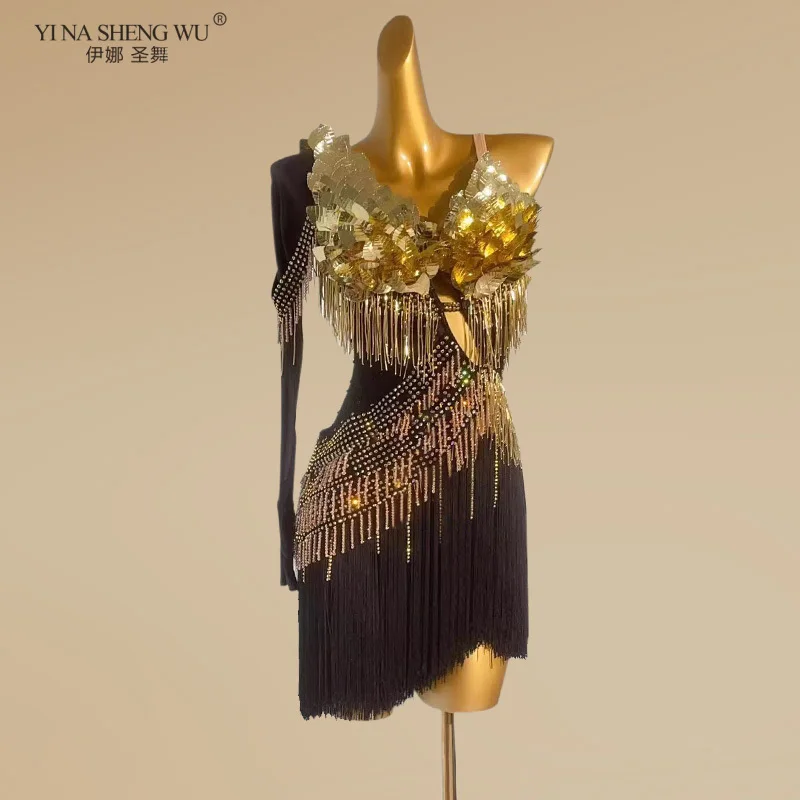 

Latin Dance Dress High-end Custom Gold Piece Feather Full Tassel Glitter Cha Cha Cha Tango Women Stage Professional Clothing