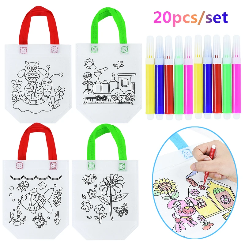 20pcs DIY Graffiti Bags With Coloring Marker Kids Handmade Art Painting Non-Woven Bag Color Filling Drawing Toy Baby Shower Gife