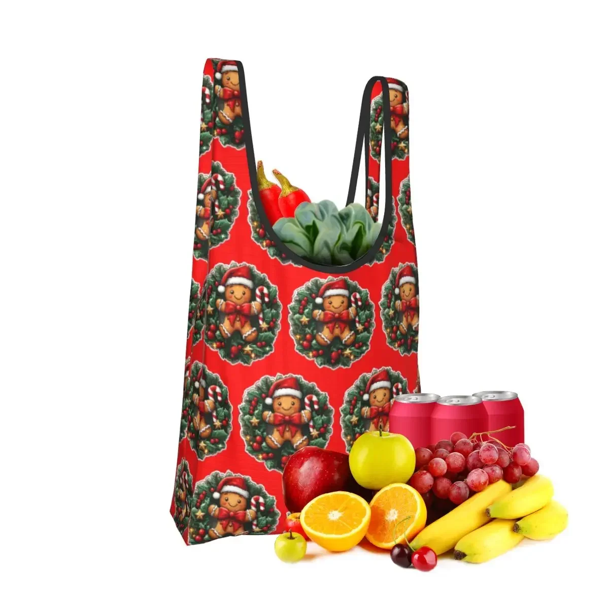 Gingerbread Joy Wreath Portable Tote Shopping Bags Foldable Shopper Bag Grocery Handbag Shoulder Bag