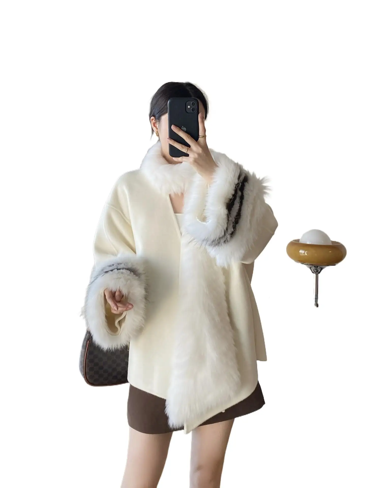 Jiao Jiao Jia Ren 2025 Autumn/Winter High-end fox fur mid-length double-sided woolen coat, woolen jacket, trendy for women