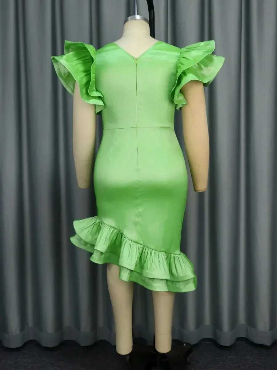 Feminino elegante verde brilhante cetim vestido de festa com decote em v manga curta plissado pacote hip diamante cinto casamento convidado baile de formatura vestidos