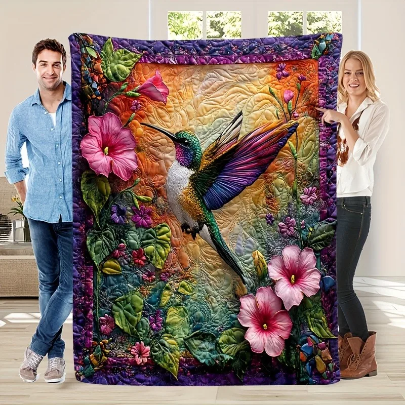 Bohemian Style Hummingbird Floral Print Flannel Blanket Soft Warm All-Season Throw for Sofa Bed Office Travel