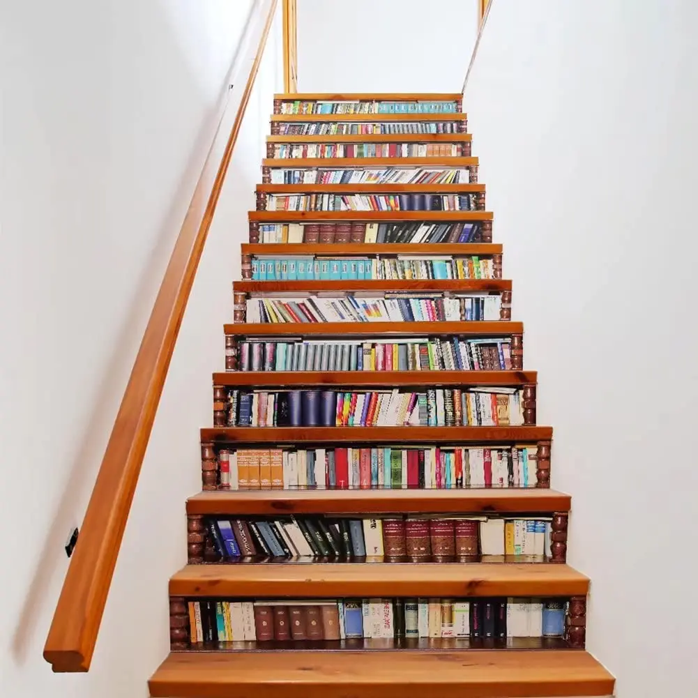 Vintage Bookshelf Stair Stickers Retro Library Staircase Riser Decals Books Education Stairway Murals Self-Adhesive Home Decor