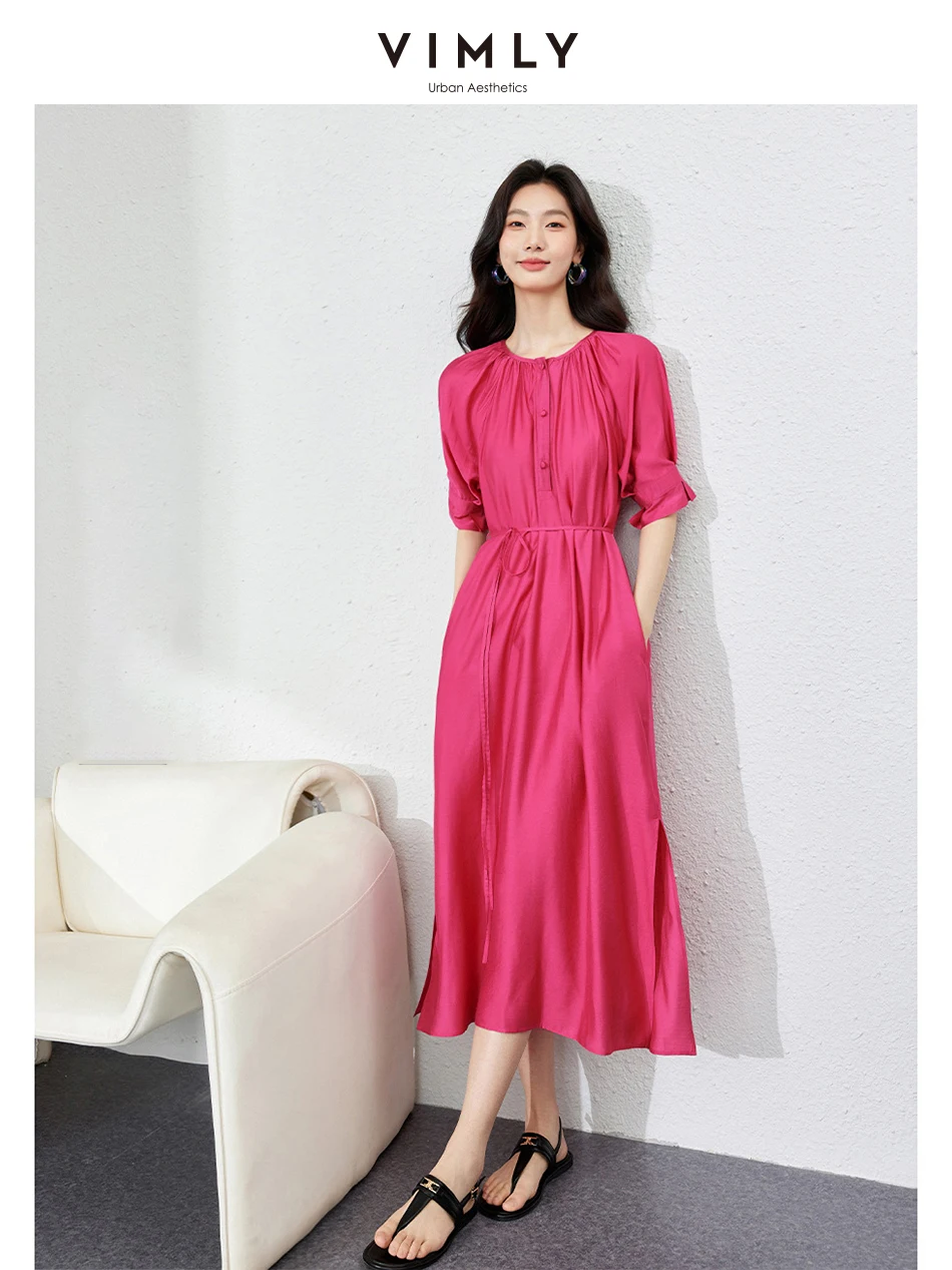 

VIMLY Women's French Elegant Holiday Style Shirt Dress Summer Casual O-neck Bubble Short Sleeve Slit Straight Dress With Sashes