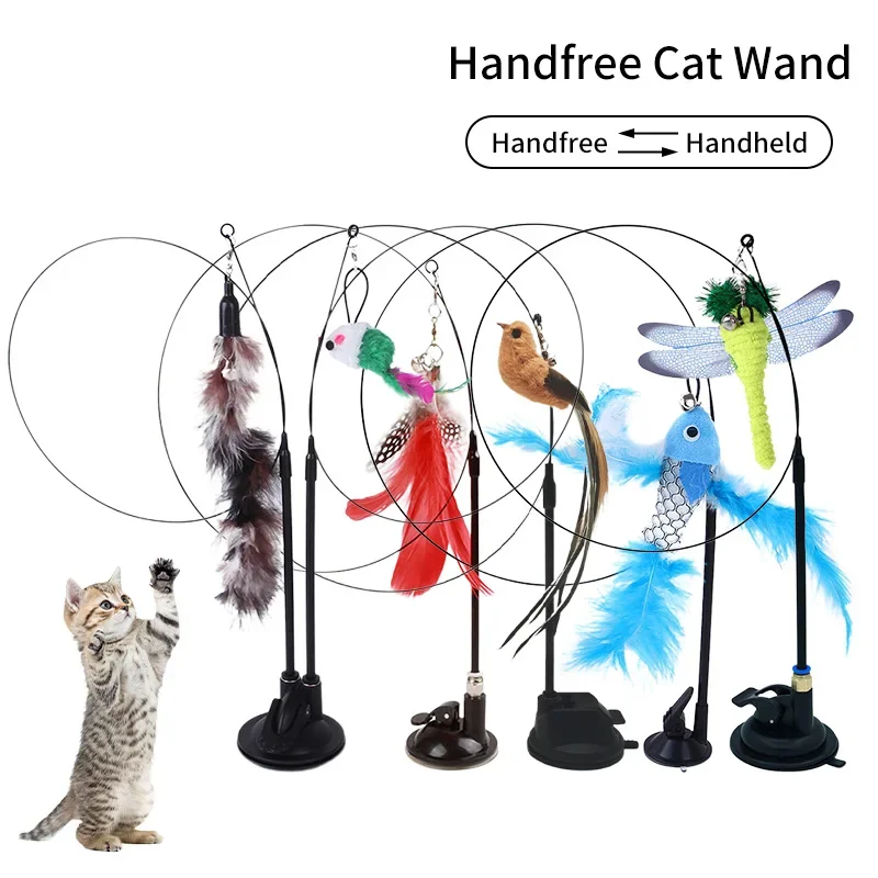 Interactive Cat Toy Handfree Cat Stick Playing Kitten Playing Teaser Wand Toy Suction Cup Bird/Feather Cat Wand Pet Supplies