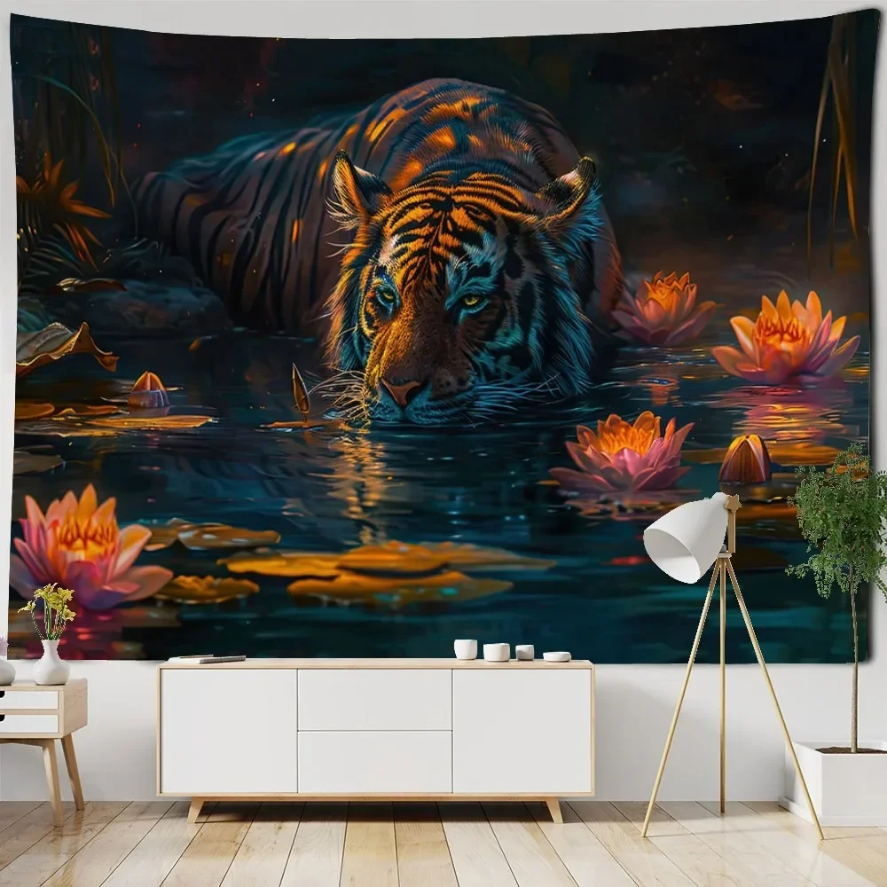 Psychedelic tiger tapestry, jungle animal lotus art decoration, wall hanging, hippie home, living room, bedroom background cloth