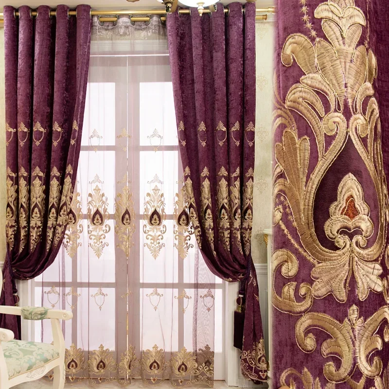 European Embroidered Velvet Curtains for Living Room Curtains for Bedroom Windows Chenille Luxury Blackout Villa Valance