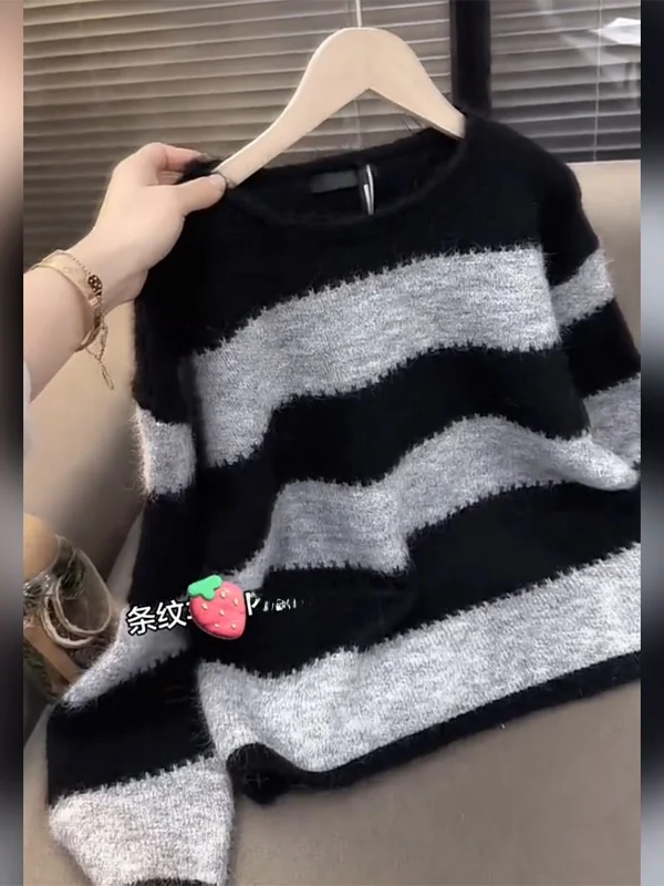 

Loose Fit Women's Knitwear round Ne Soft Cozy Striped Sweater Korean Sle Autumn Winter Faion Lazy Sle Slimming Top