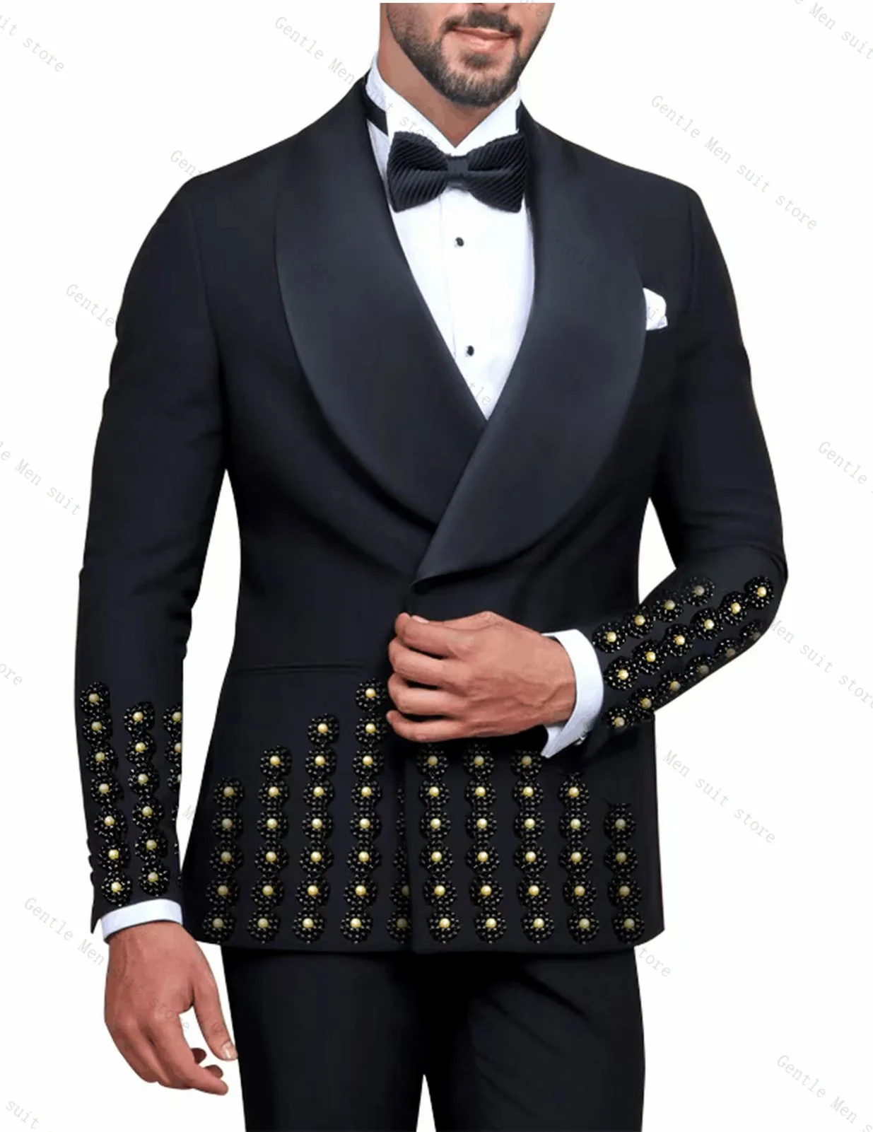

Black Men Suit Set 2 Pcs Blazer+Pants Trousers Luxury Crystals Groom Wedding Tuxedo Formal Office Jacket Coat Customized