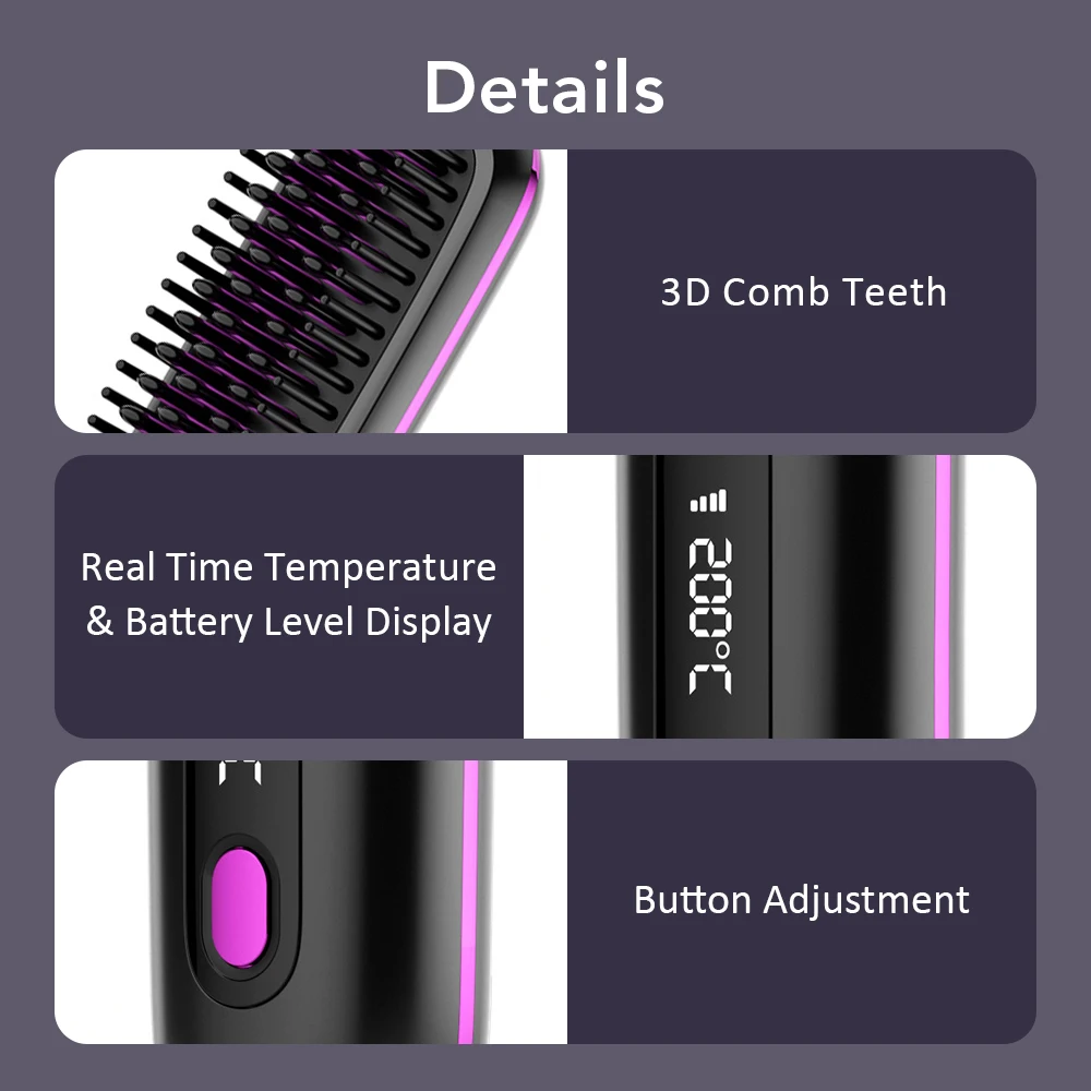USB Ceramic Heating Straight Hair Comb Electric Wireless Portable Negative Ion Styling Tool Rechargeable Straightening Comb