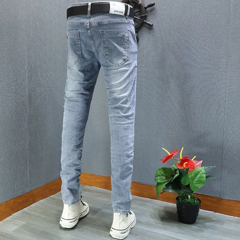 New Spring/Summer Fashion Trendy Solid Color Retro Stretch Slim Fit Men's Casual Breathable High-Quality Denim Pants 28-36