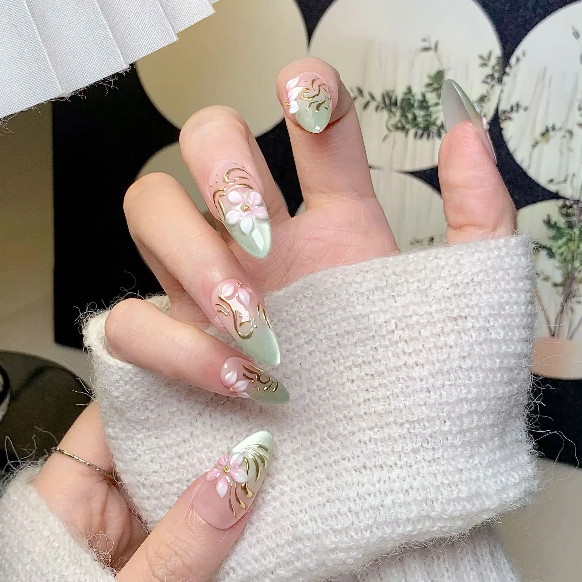 Original design cross-border wearable nails, pure handmade boutique, high-end carved cat-eye nail art, fake nails wholesale