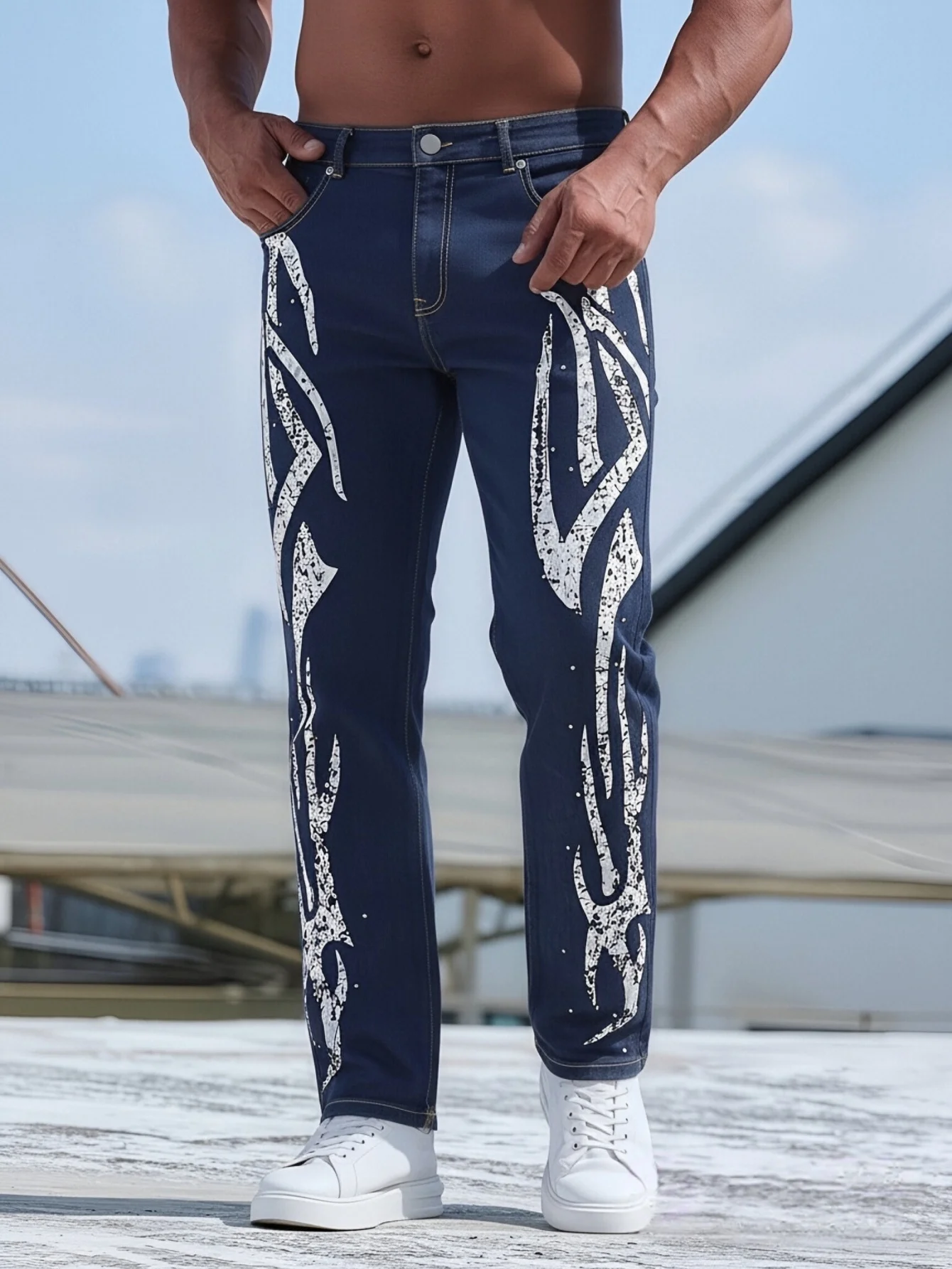 European and American slim-fit new fashion printed elastic jeans medium-elastic casual pants are suitable for outdoor street