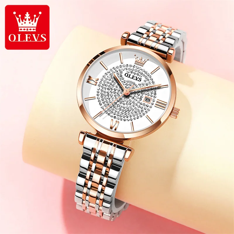 OLEVS Brand Luxury Diamond Quartz Watch for Women Stainless Steel Waterproof Calendar Fashion Womens Watches Relogio Feminino