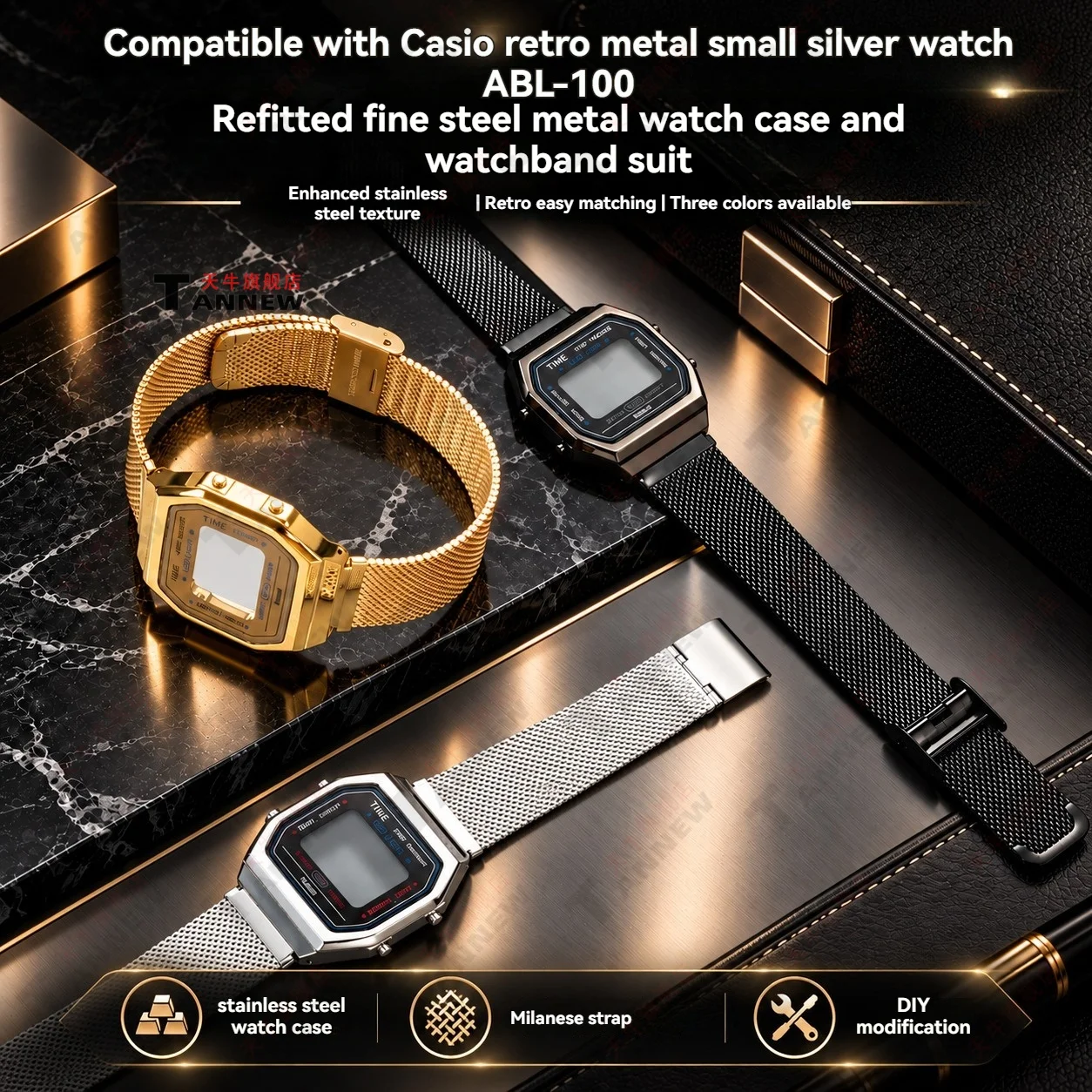 Stainless Steel Replacement Case Band Mod Kit for Casio ABL-100 Vintage Square Watch Metal DIY Upgrade Repair Parts Set