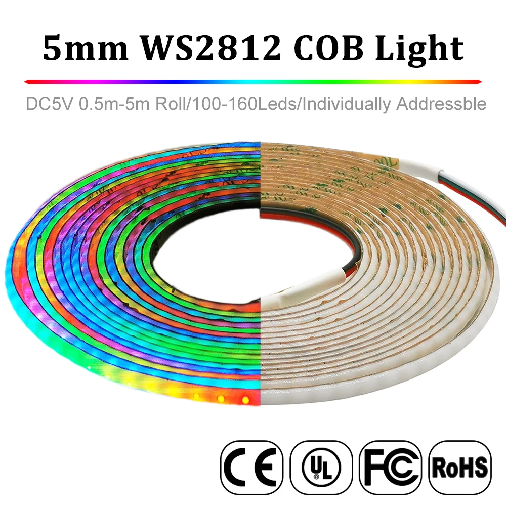 5V WS2812B RGBIC COB LED şerit 5mm WS2812 bireysel adresli esnek 60 100 160Leds/M yüksek yoğunluklu rüya renk bant ışık