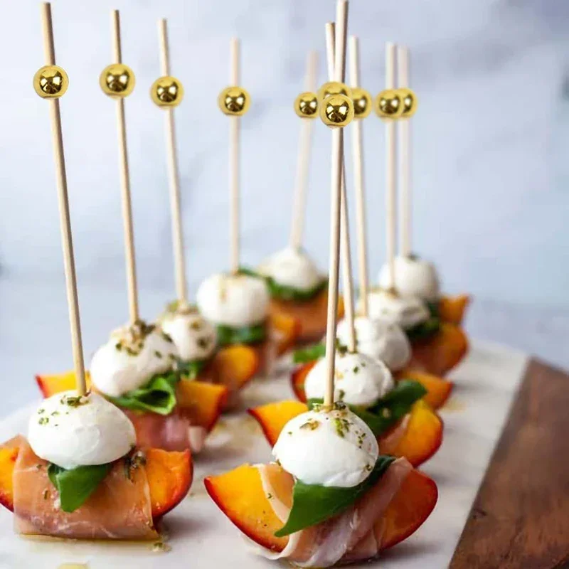 

100Pcs Gold Beads Bamboo Fruit Sticks 12cm Fruit Salad Snack Fork Cocktail Decor Cake Buffet Toothpicks Wedding Party Supplies