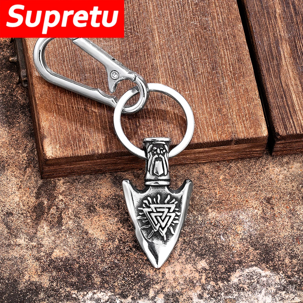 Viking Runes Compass Spear Keychain Mens Norse Shield Trinity Stainless SteelPendant Keyring Punk Self-defense Jewelry Male Gift