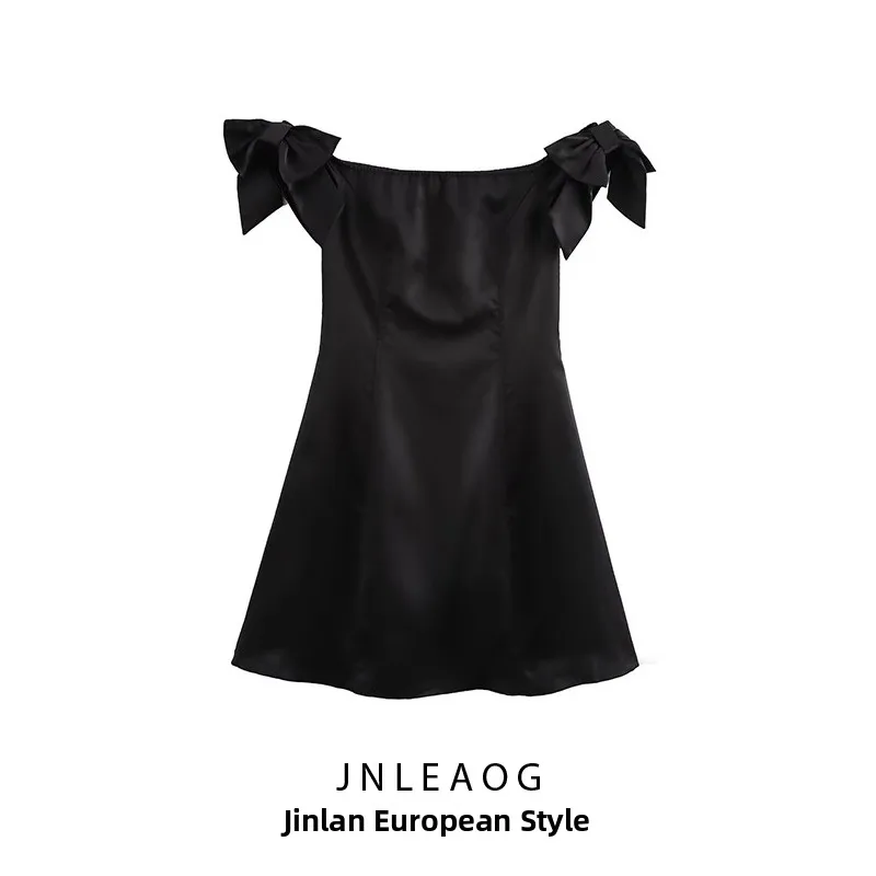 JNLEAOG 신상 여성 패션 디자인 나비 매듭 장식 원숄더 새틴 드레스 A라인 스커트 스타일 캐주얼웨어