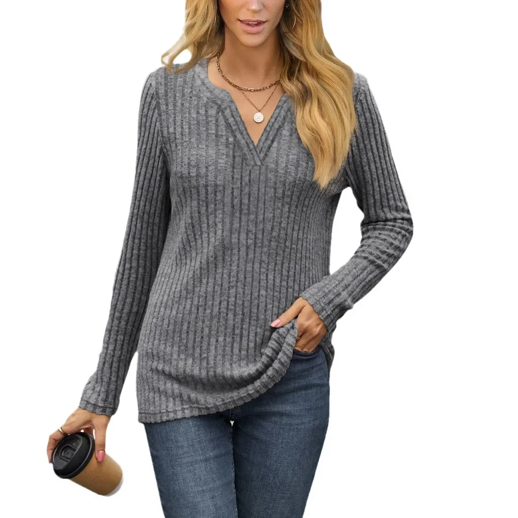 2024 European and American Autumn/Winter New Solid Color V-neck Loose Casual Long sleeved T-shirt Top for Women YBF43-3