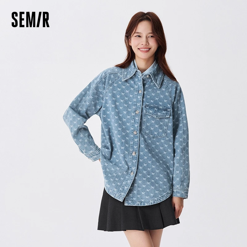 Semir Denim Jacket Women Mid-Length Design Sense Insert Shoulder Sleeve Oversize Autumn Butterfly High Street Jacquard Jacket