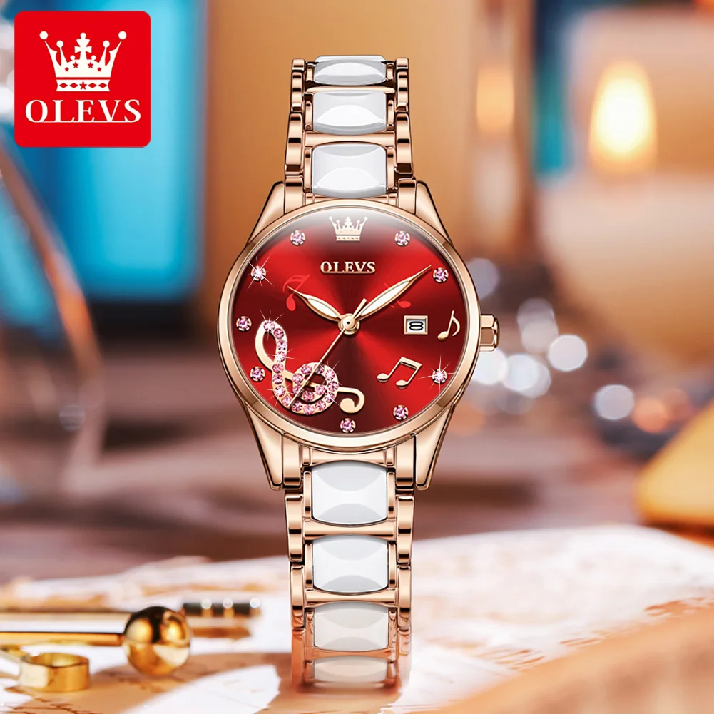 OLEVS 3605 ساعات نسائية العلامة التجارية الفاخرة موضة الأصلي ساعة كوارتز حزام السيراميك مقاوم للماء تاريخ الساعات للنساء Reloj