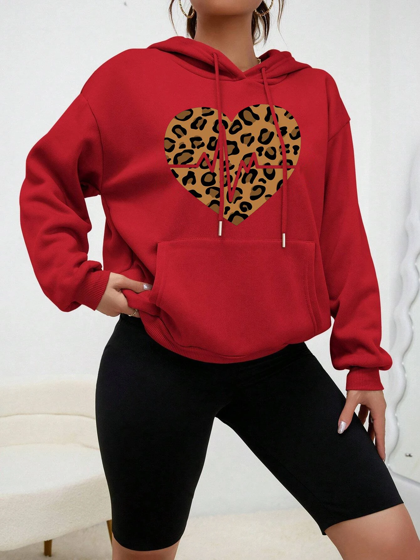 Leopard Print Heart Art Design Hoodie For Female Autumn Warm Hoody Personality Casual Clothes Multicolor Fleece Womenwear