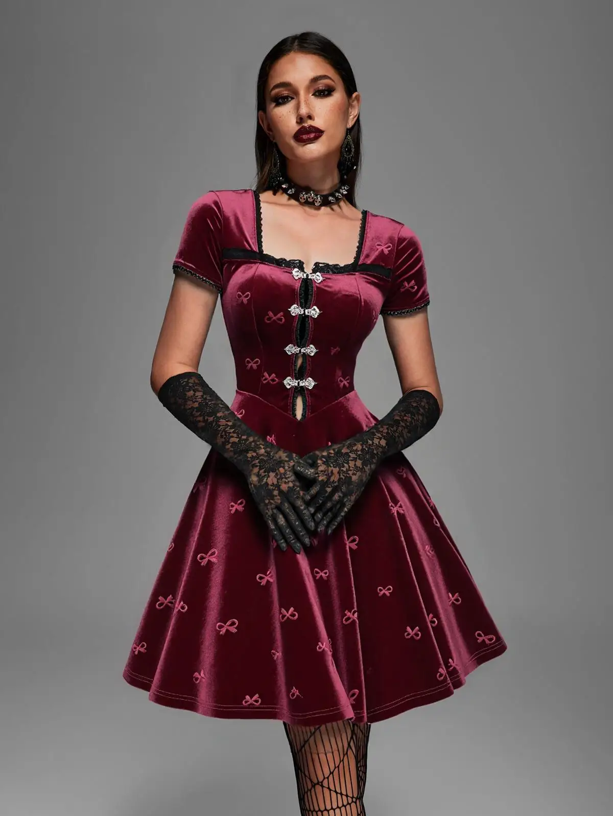 

New Women's Gothic A-Line Mini Dress Deep Red Velvet Embossed Dress with Bowknot, Lace Trim and Frog Button Detail Dresses