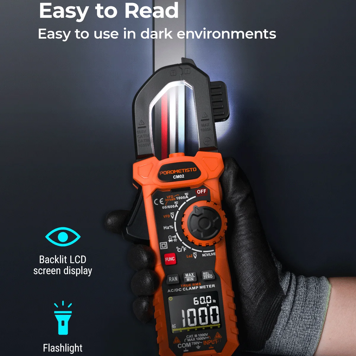 POROMETISTO CM02 Digital Clamp Meter 1000A 1000V AC/DC Multimeter True RMS Capacitance NCV VFD REL Ohm Hz Temp Ammeter Tester