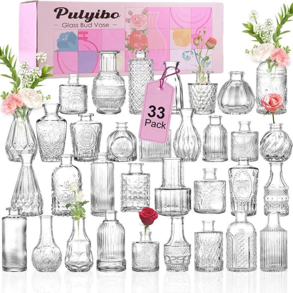 Glass Bud Vase Set of 33 Pcs, Small Vases for Rustic Wedding Centerpieces, Mini Vases Bulk Home Table Flower Decor, Clear