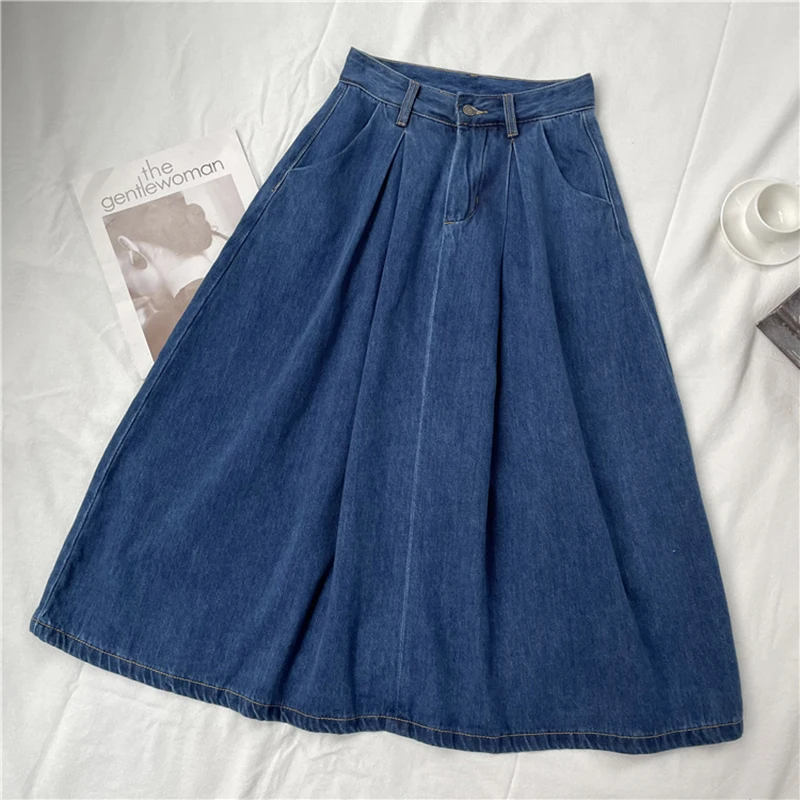 

Vintage High Waist Denim Long Skirt Women Korean New Elegant Solid A Line Denim Skirt Autumn Casual All Match Baggy Long Skirt