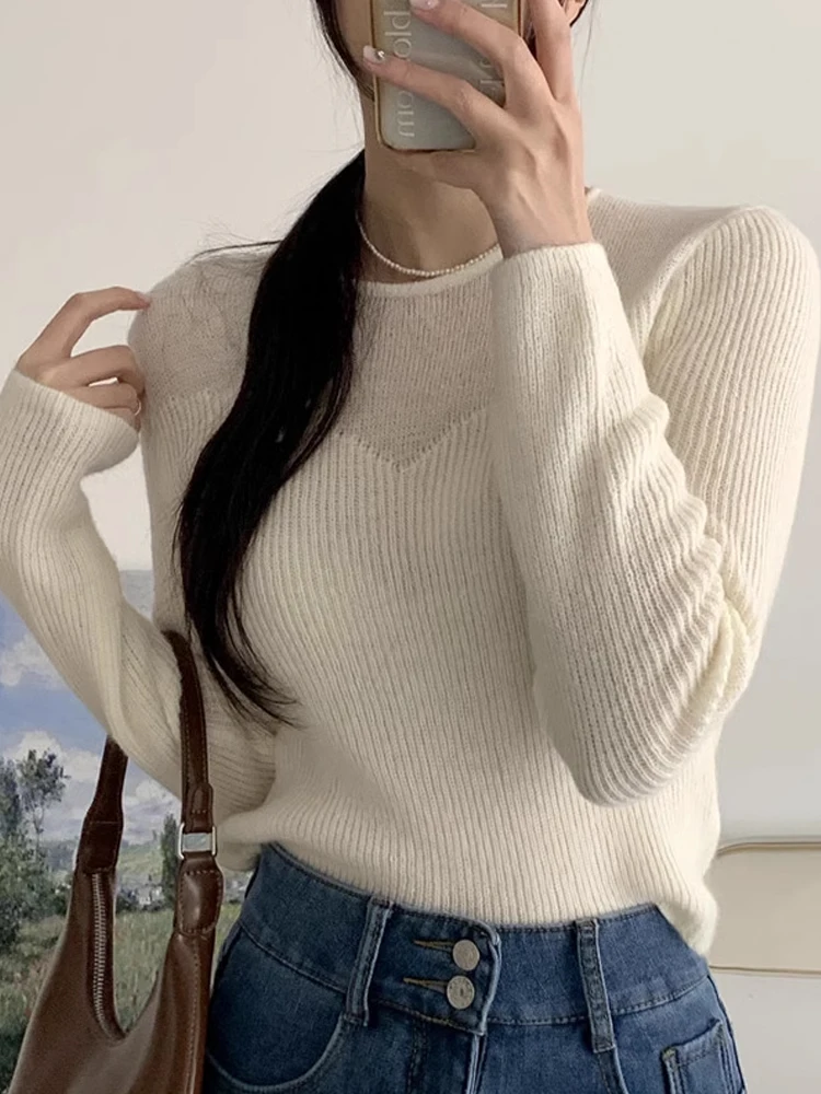 

Slim Fit Knitted Sweater Women's Base Layer Chic Design Sense Splice Anti-Aging Knitwear Korean Sle Commute Pure Color
