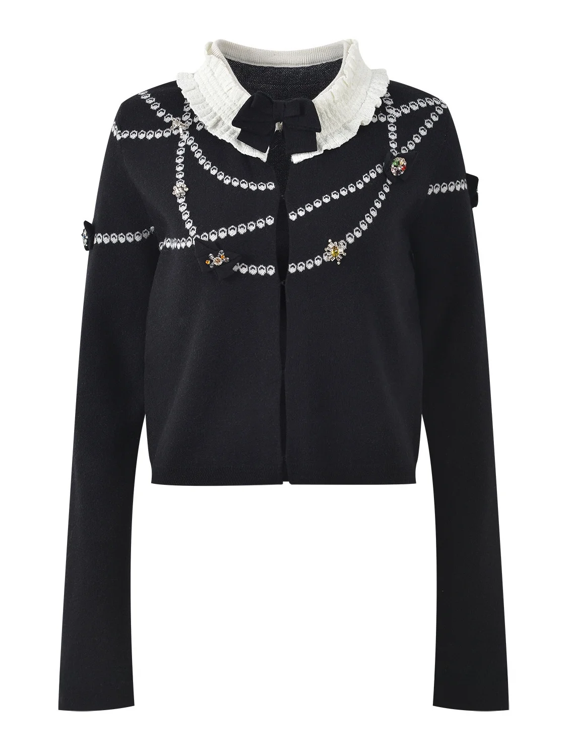 

Autumn 2025 New Pearl Embroidery Decorative Pleated Collar Knitted Open Cardigan Outerwear Sweet Sle Long Sve ort Length