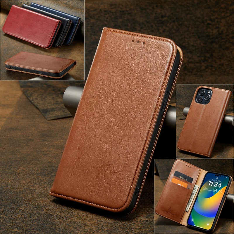 Magnetic Flip Wallet Card Phone Cover For iPhone 15 14 Plus 13 12 11 Pro XR X Xs Max 7 8 Plus Retro Genuine Leather Phone Case