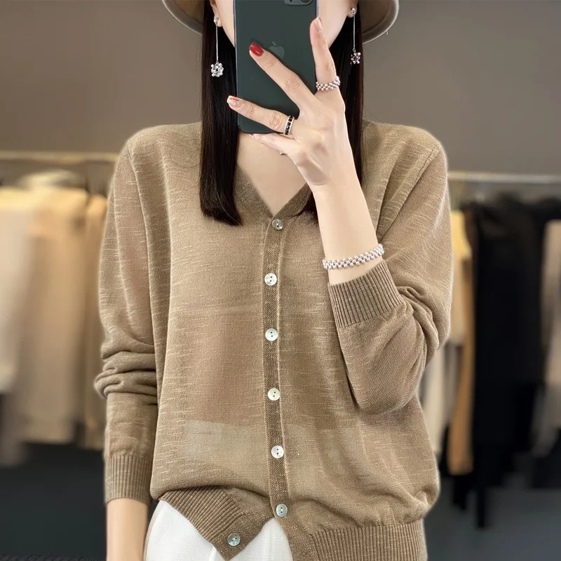 Cardigan de malha fina de verão feminino ar condicionado longo Sve solto agasalhos renda floral saia aberta Sle V-Ne regular...