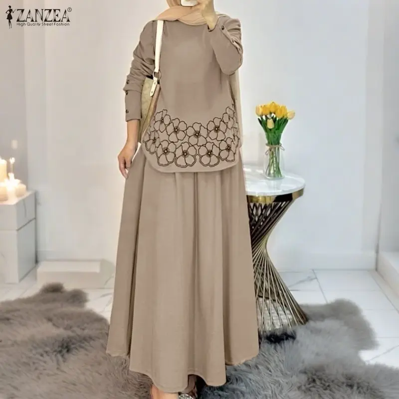 

2026 Мусульманские комплекты ZANZEA, наряды для Рамадана, женский костюм с длинными рукавами, блузка с принтом, длинная юбка, костюм, одинаковые комплекты для Ид, спортивный костюм
