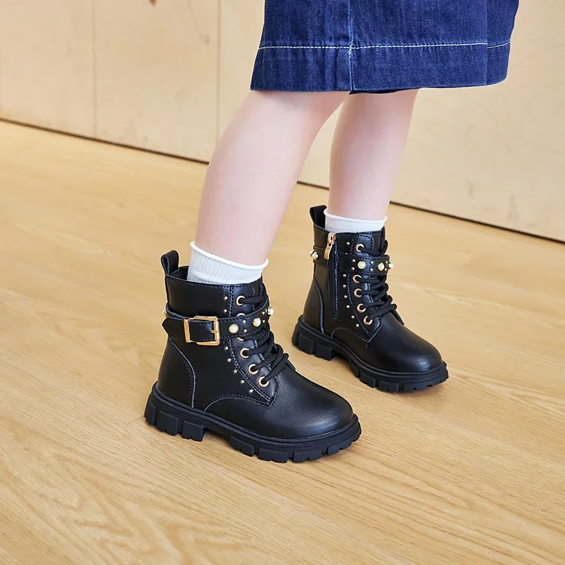 Botas de Otoño Invierno para niñas, botines para niños, botas de princesa con perlas y lentejuelas, zapatos informales antideslizantes para exteriores para niños, talla 26-36