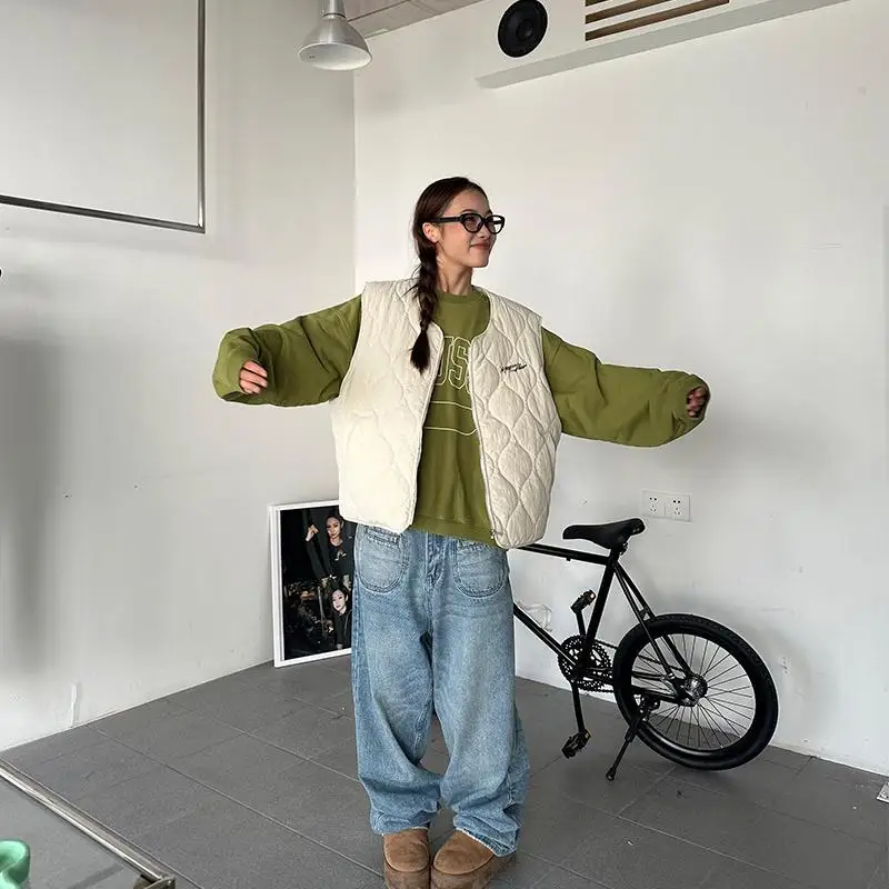 

Women's Sleeveless Vest Oversize Jacket Street Autumn Winter Solid Color Small Tank Top Warm Female Zipper Trendy Coat