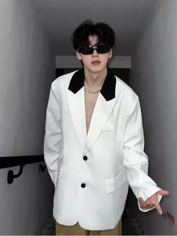 

Casual American Sle White Suit Jaet for Men Oversize Polyester Fabric Youth Faion Loose Fit No Ironing Required