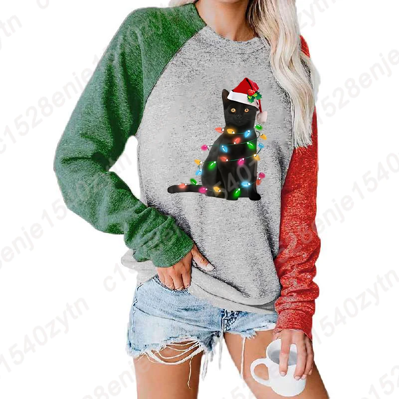 Fashion Clothes Women Long Sleeve Pullover Christmas Black Cat Christmas Light Sweatshirts Ladies T Shirts O-neck Loose T-shirts