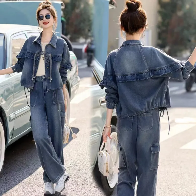 

2025 Women Leisure Loose Denim Two Piece Set Korean Lady Cowboy 2PCS Spring Autumn Female Fashion Tied Bow Tie Jeans Tops Pants