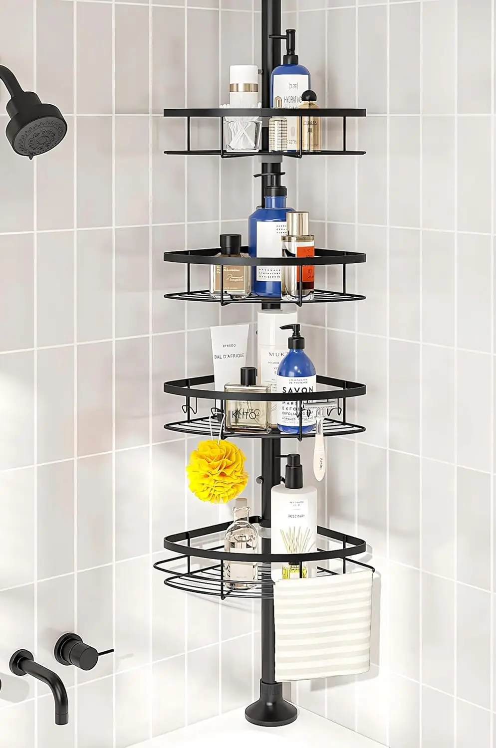 Rust-proof shower corner caddie organizer in the bathroom, tension rod with 4 baskets for bathtub storage rack