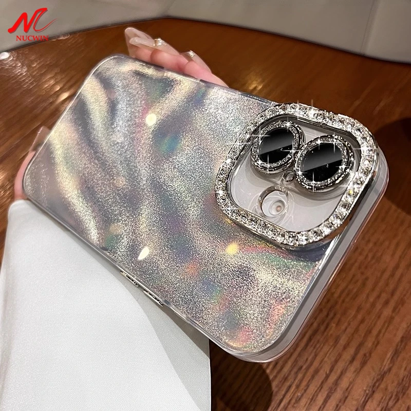 Luxury Tin Foil Laser Case for iPhone 13 12 11 14 15 16 Pro Max 16 Plus Gradient Aurara Diamond Bling Lens Protection PC Cover