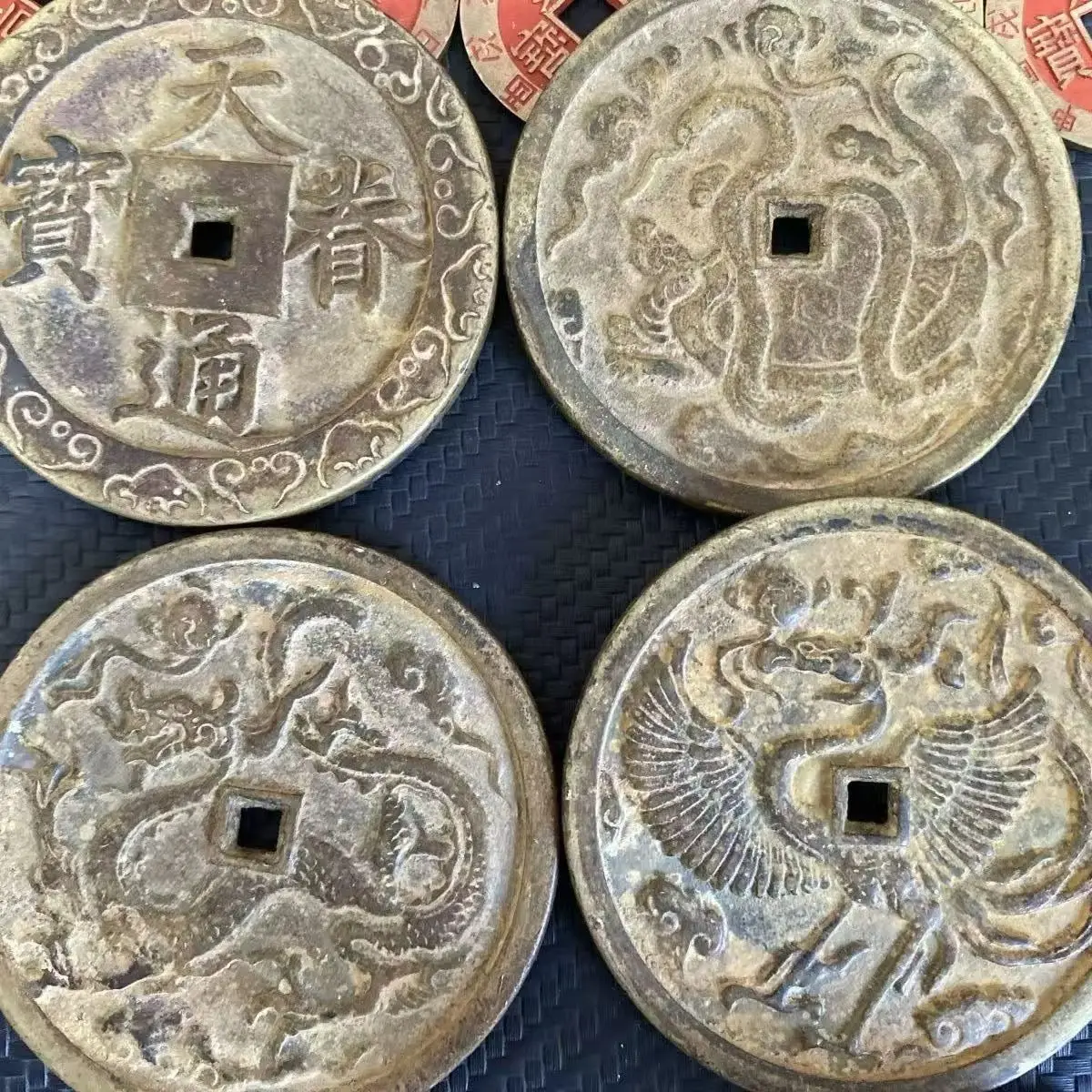 Rare old Chinese copper money coin statue,Azure Dragon, White Tiger, Vermilion Bird, Black Tortoise,4 pieces/pack,Free shipping