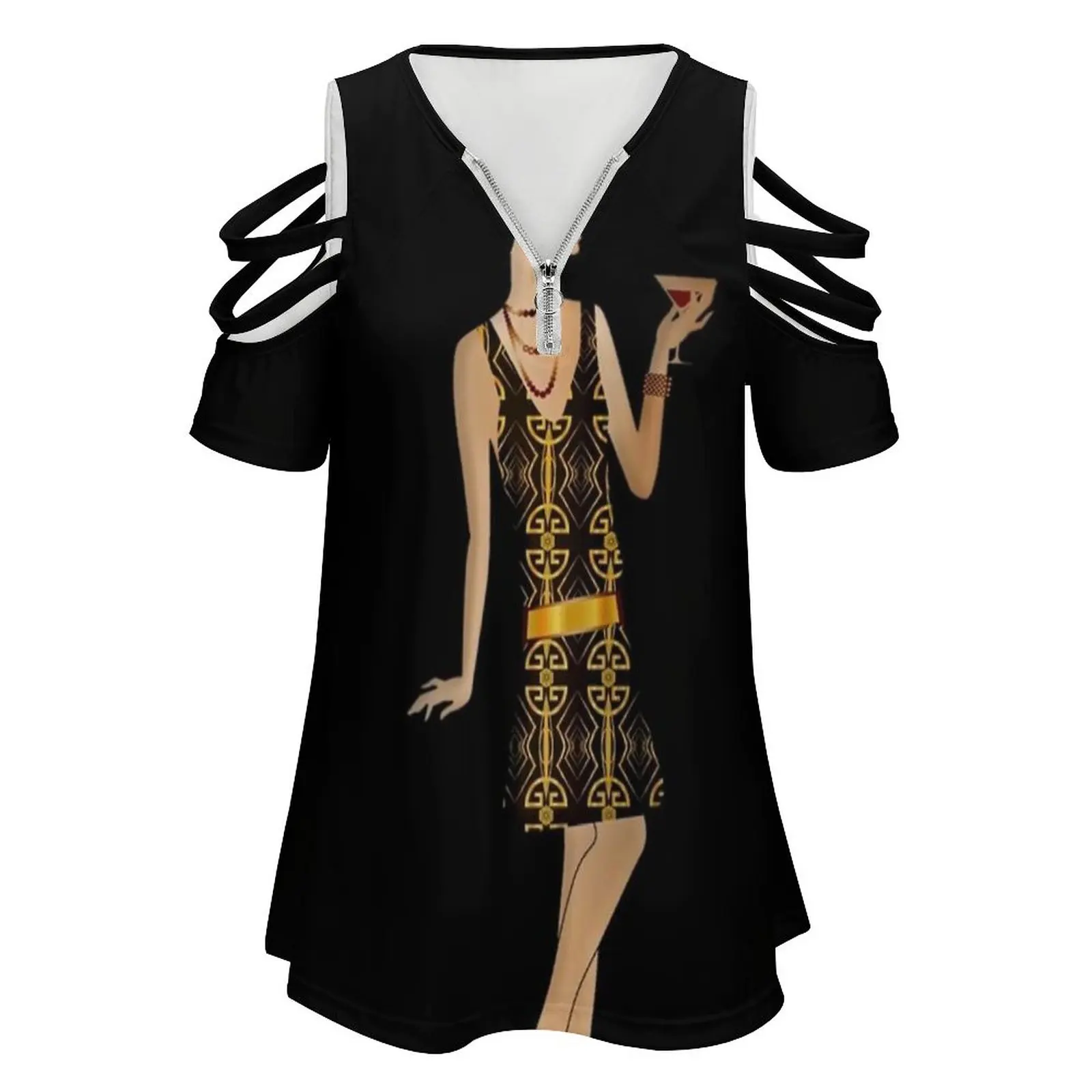 Great Gatsby Flapper-1920S Dress New Fashion Zip Off Shoulder Top Short-Sleeve Women Shirt Great Gatsby Flapper 1920S Vintage